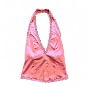 Y2K Style Elegant Pink Lace Trim Halter Top